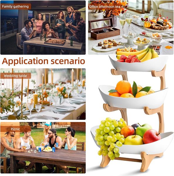 Carla Home 3 Tier Ceramic Fruit Bowl Basket With Bamboo Stand For Kitchen Counter Snack Tray Dessert Server & Vegetable Storage Rack Other Kitchen Sto