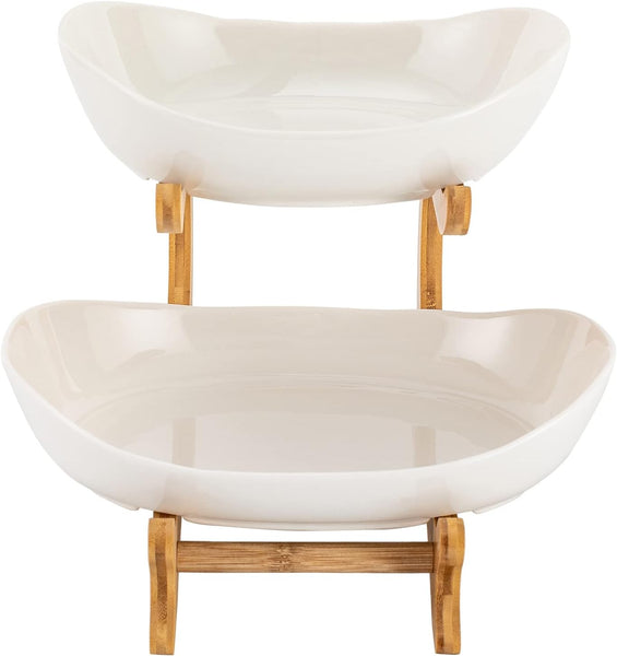 Carla Home 2 Tier Ceramic Fruit Bowl Basket With Bamboo Stand For Kitchen Counter Snack Tray Dessert Server & Vegetable Storage Rack Other Kitchen Sto