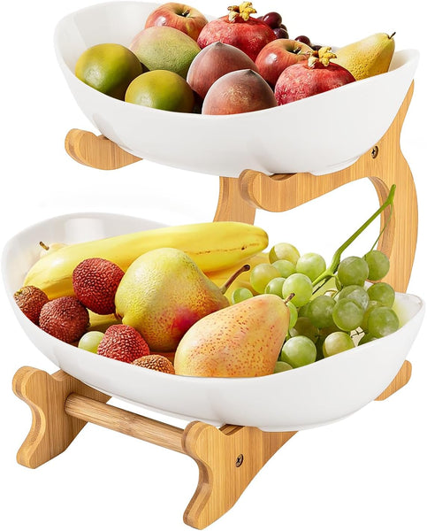 Carla Home 2 Tier Ceramic Fruit Bowl Basket With Bamboo Stand For Kitchen Counter Snack Tray Dessert Server & Vegetable Storage Rack Other Kitchen Sto