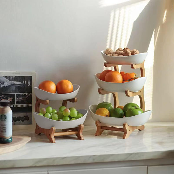Carla Home 2 Tier Ceramic Fruit Bowl Basket With Bamboo Stand For Kitchen Counter Snack Tray Dessert Server & Vegetable Storage Rack Other Kitchen Sto