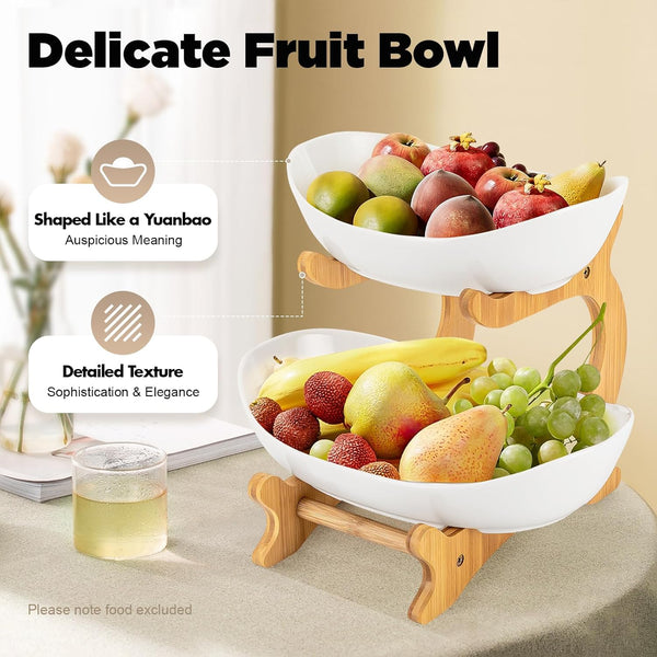 Carla Home 2 Tier Ceramic Fruit Bowl Basket With Bamboo Stand For Kitchen Counter Snack Tray Dessert Server & Vegetable Storage Rack Other Kitchen Sto