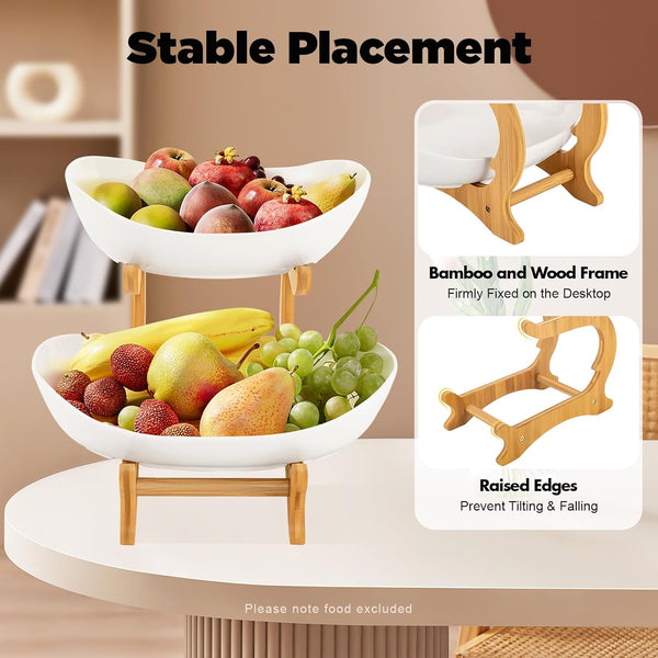 Carla Home 2 Tier Ceramic Fruit Bowl Basket With Bamboo Stand For Kitchen Counter Snack Tray Dessert Server & Vegetable Storage Rack Other Kitchen Sto