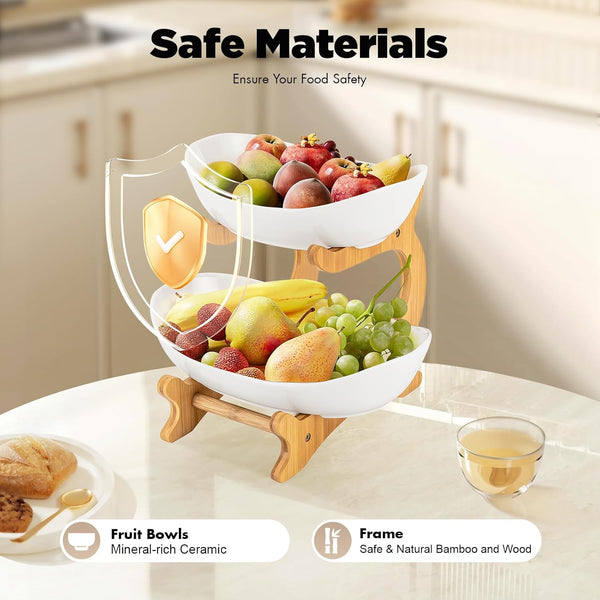 Carla Home 2 Tier Ceramic Fruit Bowl Basket With Bamboo Stand For Kitchen Counter Snack Tray Dessert Server & Vegetable Storage Rack Other Kitchen Sto