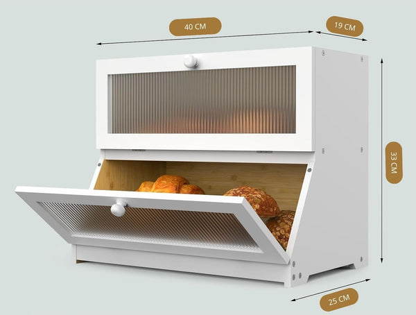 Carla Home Double Layer Bamboo Bread Box For Kitchen Counter Large Capacity Storage Container With Clear Window Easy Assembly Farmhouse Style Holder (