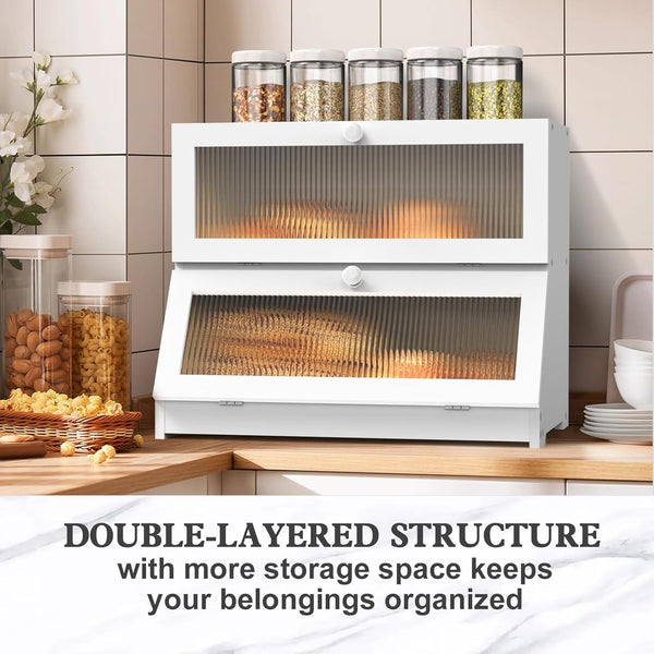 Carla Home Double Layer Bamboo Bread Box For Kitchen Counter Large Capacity Storage Container With Clear Window Easy Assembly Farmhouse Style Holder (