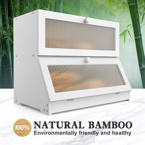 Carla Home Double Layer Bamboo Bread Box For Kitchen Counter Large Capacity Storage Container With Clear Window Easy Assembly Farmhouse Style Holder (
