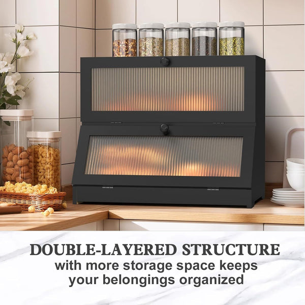 Carla Home Double Layer Bamboo Bread Box For Kitchen Counter Large Capacity Storage Container With Clear Window Easy Assembly Farmhouse Style Holder (