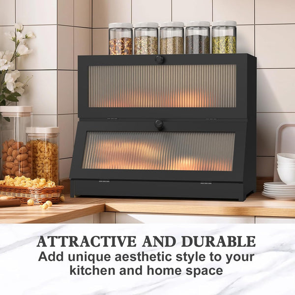 Carla Home Double Layer Bamboo Bread Box For Kitchen Counter Large Capacity Storage Container With Clear Window Easy Assembly Farmhouse Style Holder (