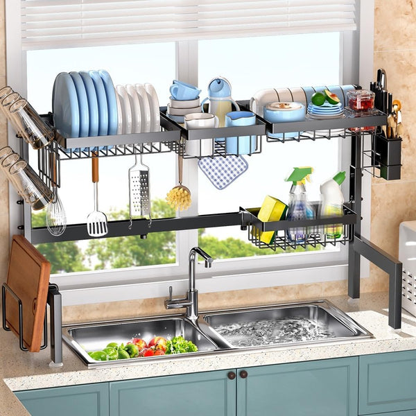 Carla Home Adjustable Over The Sink Dish Drying Rack With Utensil Holder Hooks & Cutting Board For Kitchen Counter Storage Sink Organisers