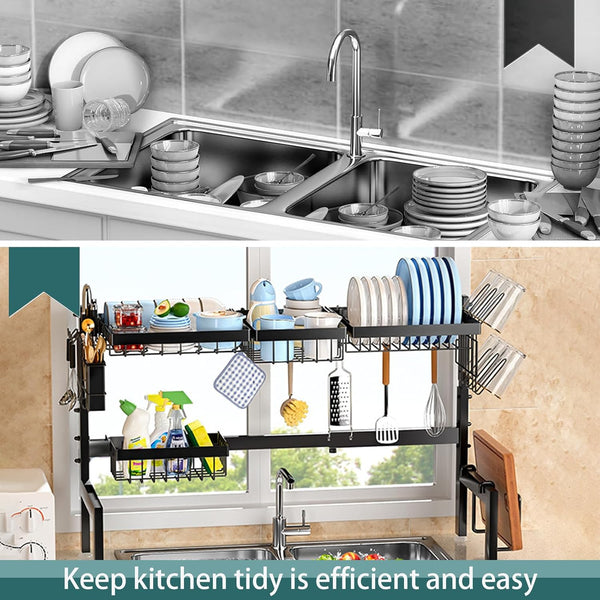 Carla Home Adjustable Over The Sink Dish Drying Rack With Utensil Holder Hooks & Cutting Board For Kitchen Counter Storage Sink Organisers