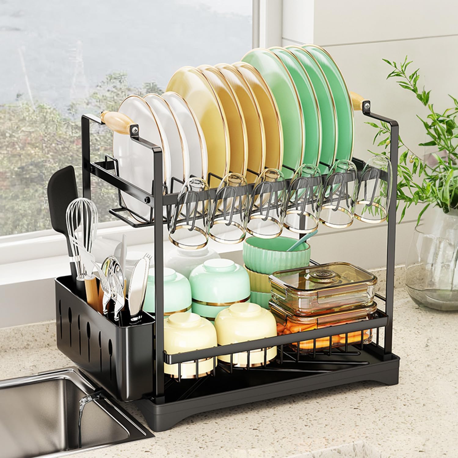 Carla Home 2 Tier Large Dish Drying Rack With Drainboard Utensil Holder Glass Hooks & Cutlery Storage (Black) Other Kitchen Storage