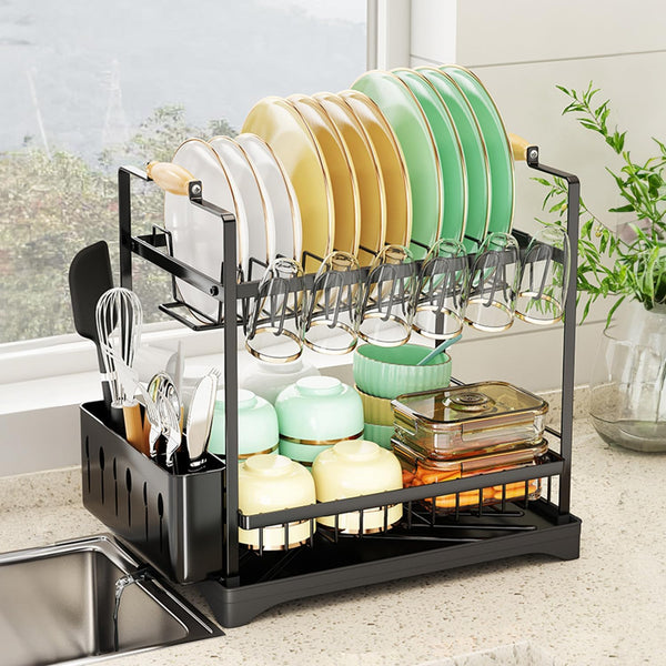 Carla Home 2 Tier Large Dish Drying Rack With Drainboard Utensil Holder Glass Hooks & Cutlery Storage (Black) Other Kitchen Storage