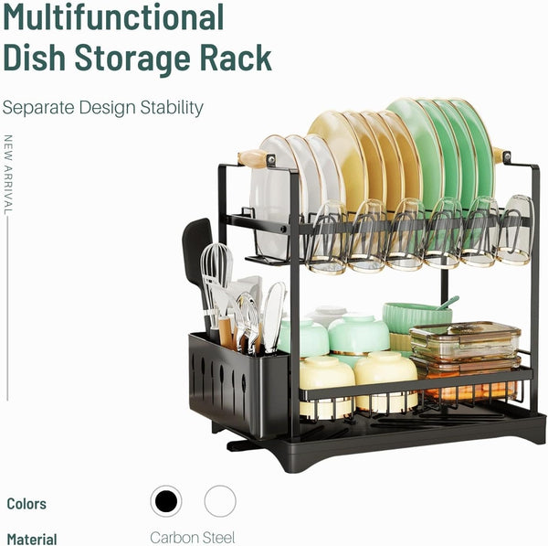 Carla Home 2 Tier Large Dish Drying Rack With Drainboard Utensil Holder Glass Hooks & Cutlery Storage (Black) Other Kitchen Storage