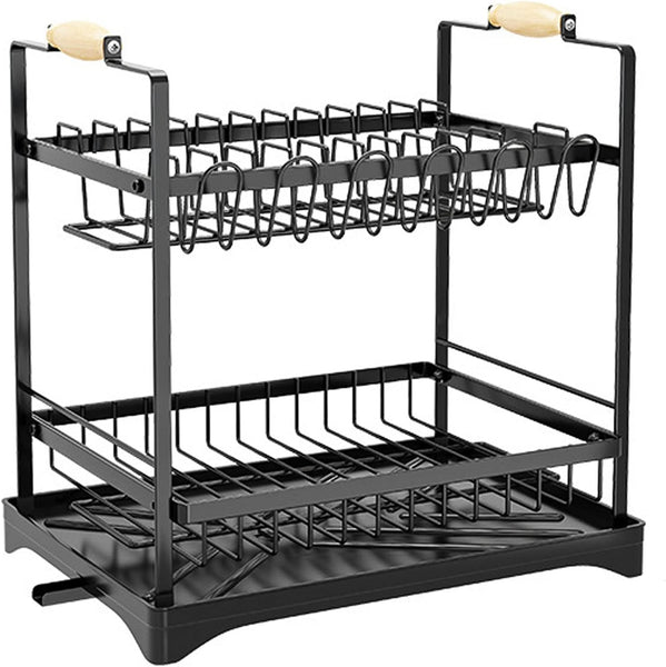 Carla Home 2 Tier Large Dish Drying Rack With Drainboard Utensil Holder Glass Hooks & Cutlery Storage (Black) Other Kitchen Storage