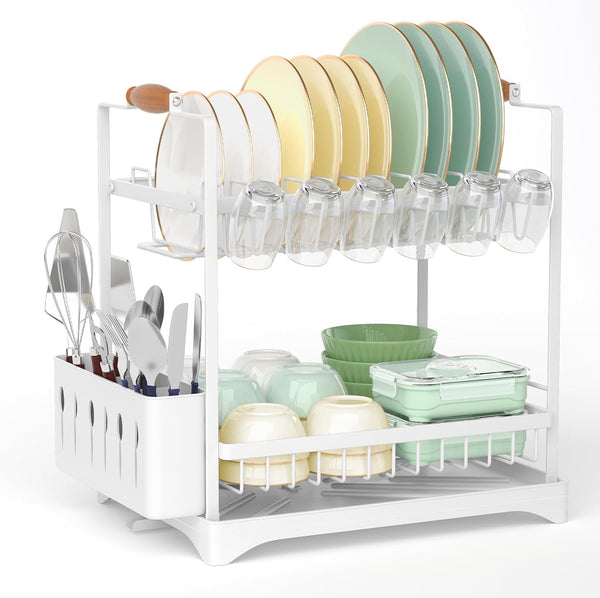 Carla Home 2 Tier Large Dish Drying Rack With Drainboard Utensil Holder Glass Hooks & Cutlery Storage (White) Other Kitchen Storage