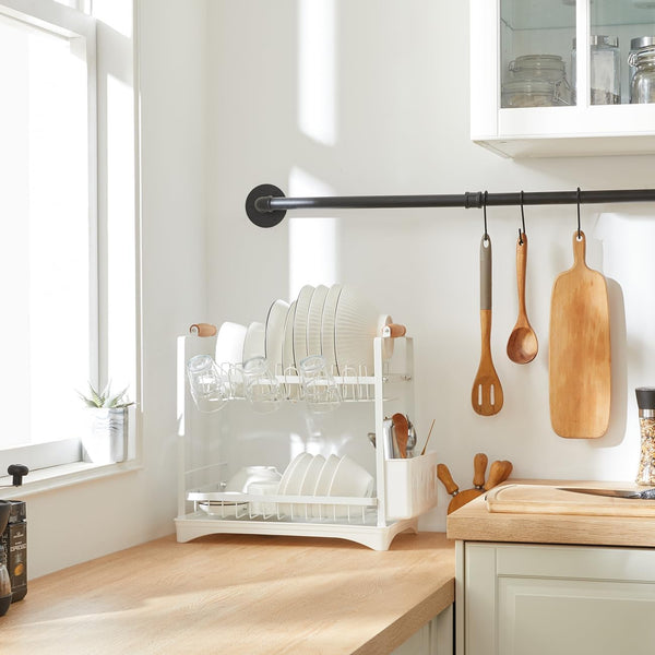 Carla Home 2 Tier Large Dish Drying Rack With Drainboard Utensil Holder Glass Hooks & Cutlery Storage (White) Other Kitchen Storage