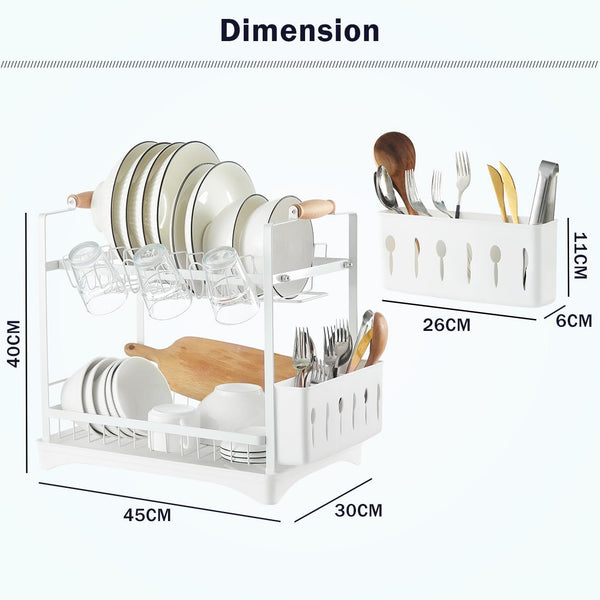 Carla Home 2 Tier Large Dish Drying Rack With Drainboard Utensil Holder Glass Hooks & Cutlery Storage (White) Other Kitchen Storage