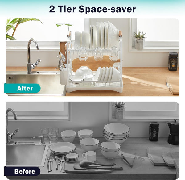 Carla Home 2 Tier Large Dish Drying Rack With Drainboard Utensil Holder Glass Hooks & Cutlery Storage (White) Other Kitchen Storage