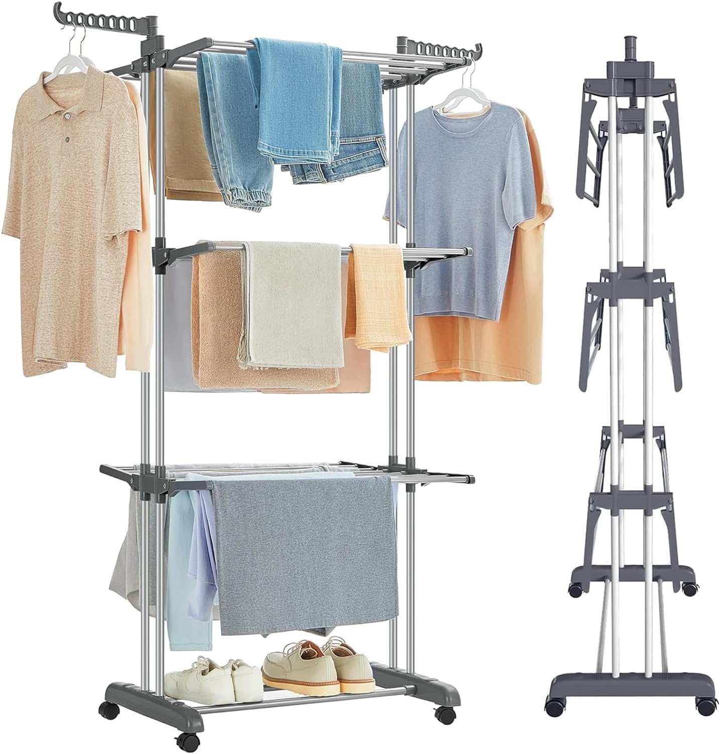 Carla Home Folding Clothes Drying Rack With Wheels And Adjustable Side Wings For Laundry Storage (Upgraded Model) Clothes Airers