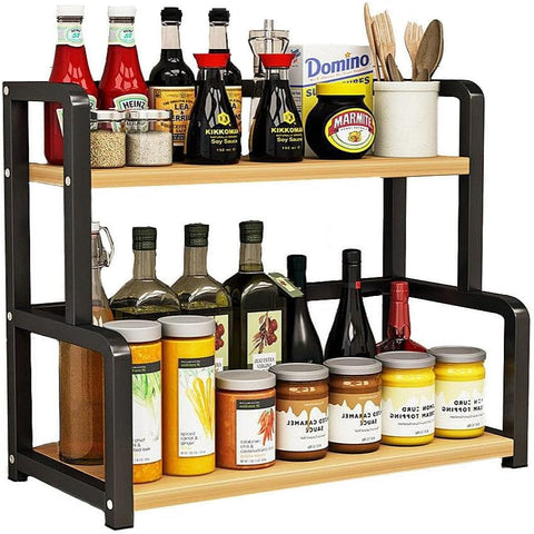 Carla Home 2 Tier Wooden Kitchen Countertop Spice Rack For Storage Of Condiments Oils Jars & Seasoning Bottles Spice Jars & Racks