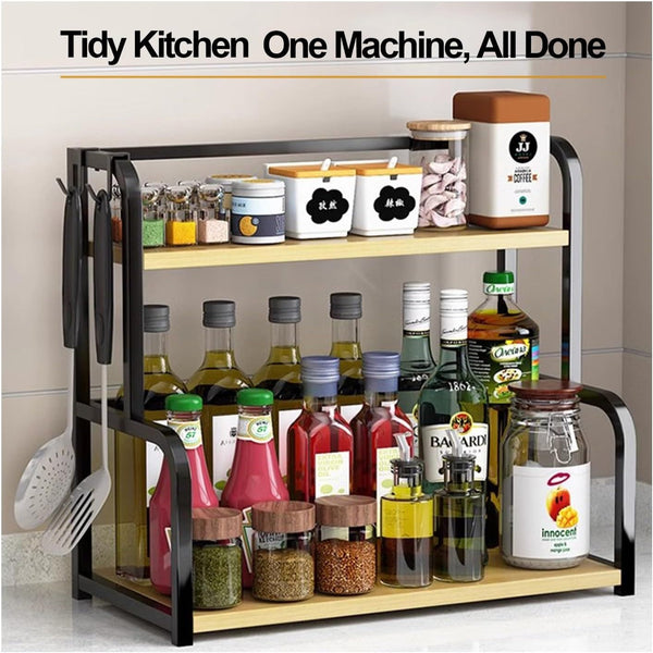 Carla Home 2 Tier Wooden Kitchen Countertop Spice Rack For Storage Of Condiments Oils Jars & Seasoning Bottles Spice Jars & Racks