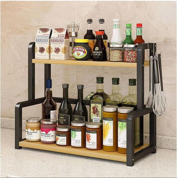 Carla Home 2 Tier Wooden Kitchen Countertop Spice Rack For Storage Of Condiments Oils Jars & Seasoning Bottles Spice Jars & Racks