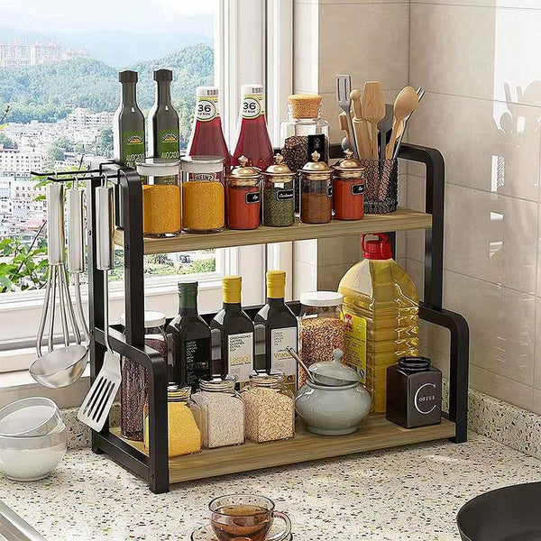 Carla Home 2 Tier Wooden Kitchen Countertop Spice Rack For Storage Of Condiments Oils Jars & Seasoning Bottles Spice Jars & Racks