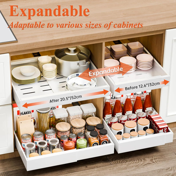 Carla Home 2 Pack Pull Out Cabinet Organizer Expandable For Cabinets With Adjustable Slide Shelves And Easy Installation (White) Drawer Organisers