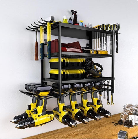 Carla Home 4 Tier Power Tool Rack Organizer Wall Mount With Drill Holder & Wrench Hooks For Cordless Tools Workshop Organization Drawer Organisers