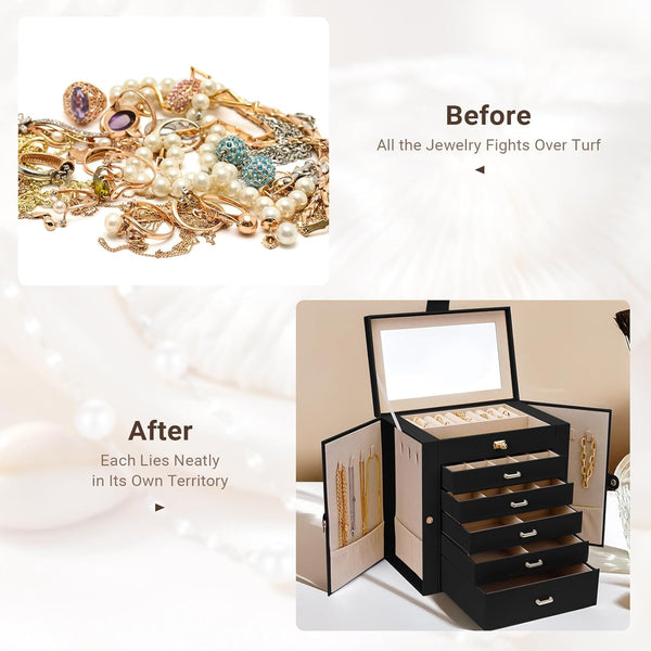 Carla Home 6 Layer Large Jewelry Box For Women With Drawers Mirror Lock Necklace Hooks & Side Compartments Rings Earrings Bracelets Gifts (Black) Jewe
