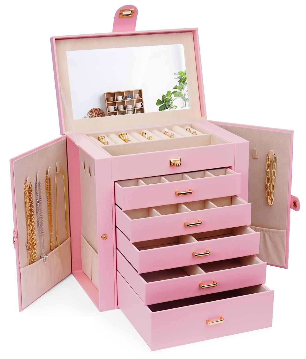 Carla Home 6 Layer Large Jewelry Box For Women With Drawers Mirror Lock Necklace Hooks & Side Compartments Rings Earrings Bracelets Gifts (Pink) Jewel