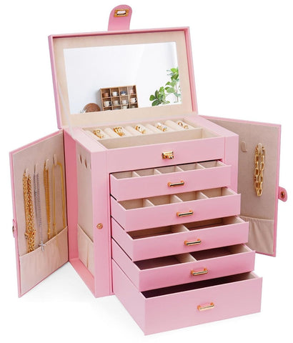 Carla Home 6 Layer Large Jewelry Box For Women With Drawers Mirror Lock Necklace Hooks & Side Compartments Rings Earrings Bracelets Gifts (Pink) Jewel