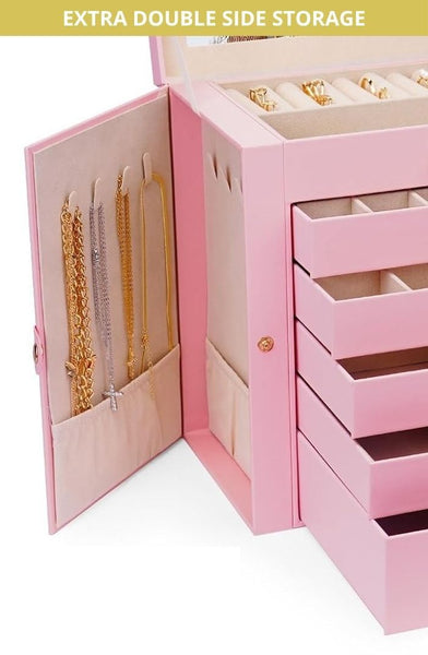 Carla Home 6 Layer Large Jewelry Box For Women With Drawers Mirror Lock Necklace Hooks & Side Compartments Rings Earrings Bracelets Gifts (Pink) Jewel