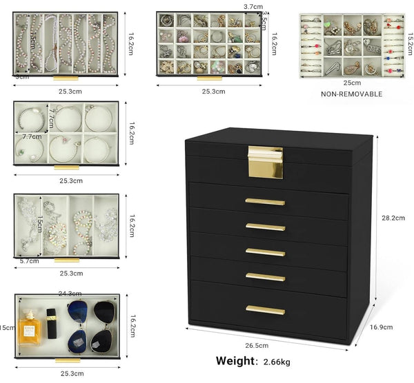 Carla Home6 Layer Large Jewelry Organizer Box For Women With Mirror Drawers Hooks & Dividers For Rings Necklaces Bracelets Ideal Gift For Women (Black