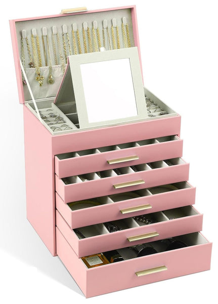 Carla Home 6 Layer Large Jewelry Organizer Box For Women With Mirror Drawers Hooks & Dividers Rings Necklaces Bracelets Ideal Gift (Pink) Jewellery Ho