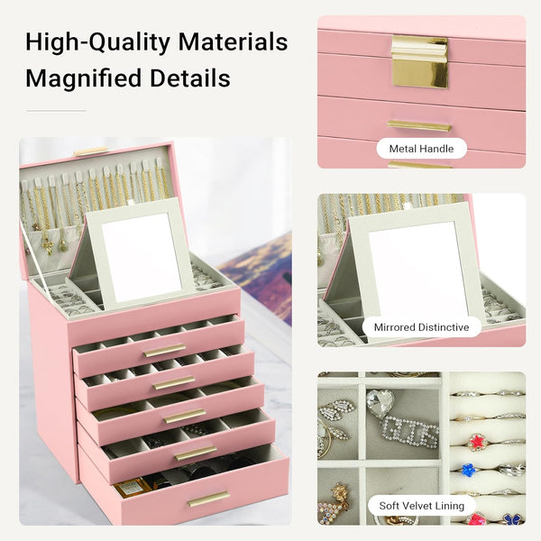 Carla Home 6 Layer Large Jewelry Organizer Box For Women With Mirror Drawers Hooks & Dividers Rings Necklaces Bracelets Ideal Gift (Pink) Jewellery Ho