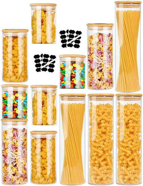 Carla Home 12 Pack Glass Storage Jars With Bamboo Lids For Kitchen Pantry Pasta Snacks Cookies Candy & More Food Storage Containers