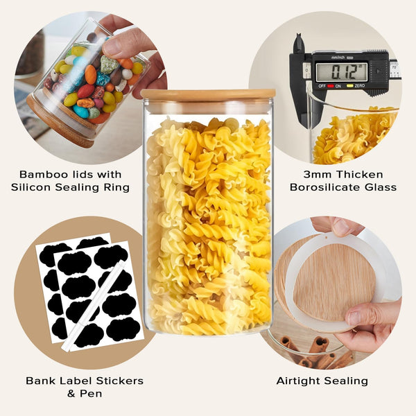 Carla Home 12 Pack Glass Storage Jars With Bamboo Lids For Kitchen Pantry Pasta Snacks Cookies Candy & More Food Storage Containers