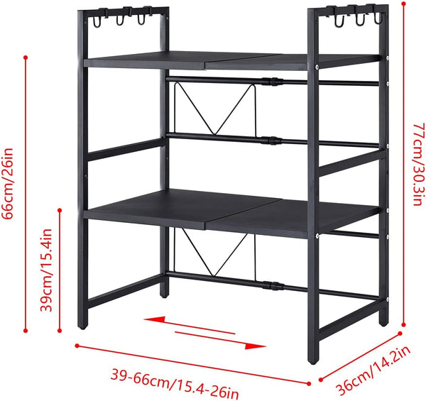 Carla Home 3 Tier Microwave Oven Rack With Adjustable Metal Kitchen Shelf Stand For Countertop Storage And 6 Hooks Utensils Other Kitchen Storage