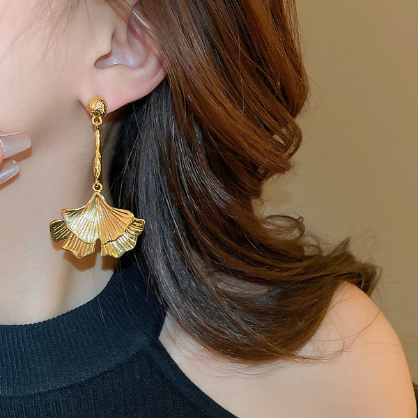 Veile Studios Simple Metal Ginkgo Leaf American Heavy Industry Long Earrings