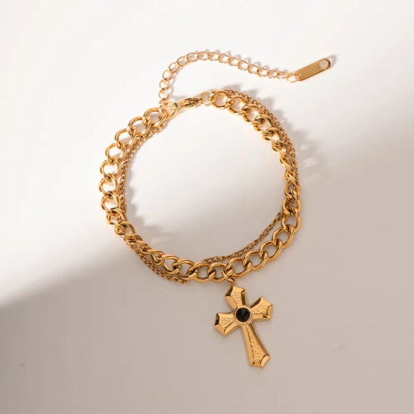Stainless Steel Imitation Gemstone Cross Shape Pendant Bracelet Bracelets