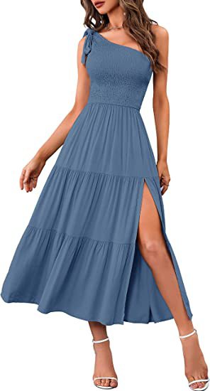 One Shoulder Pleated Layered Hem Split Womens Summer Unique Design Dresses