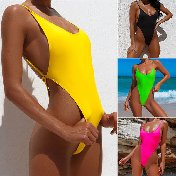 Womens One Piece Swimsuit Solid Color  Backless Bikini Swimwear