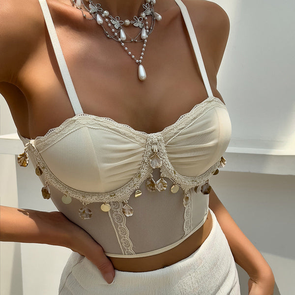 Luxury Solid Mesh Breathable Shell Pendant Sweet Girl Underwire Gathered Small Camisole Tops