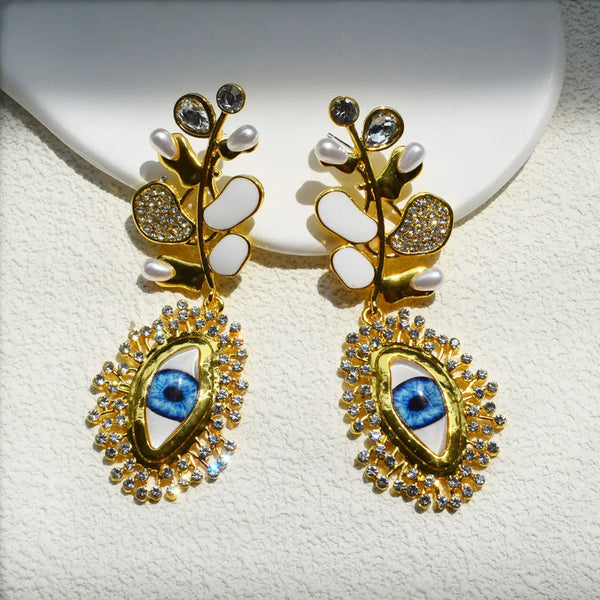 Veile Studios Diamond Leaf And Pearl Dangle With Eye Design For Women Earrings