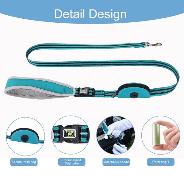 Nylon Combat Padded Leads Dog Leash With Double Handles Built In Poop Bag Holder Dispenser Leads & Head Collars