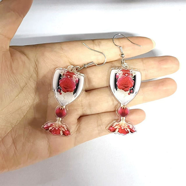 Veile Studios Valentines Day Rose Wine Glass Acrylic For Unisex Fashion Accessories Earrings