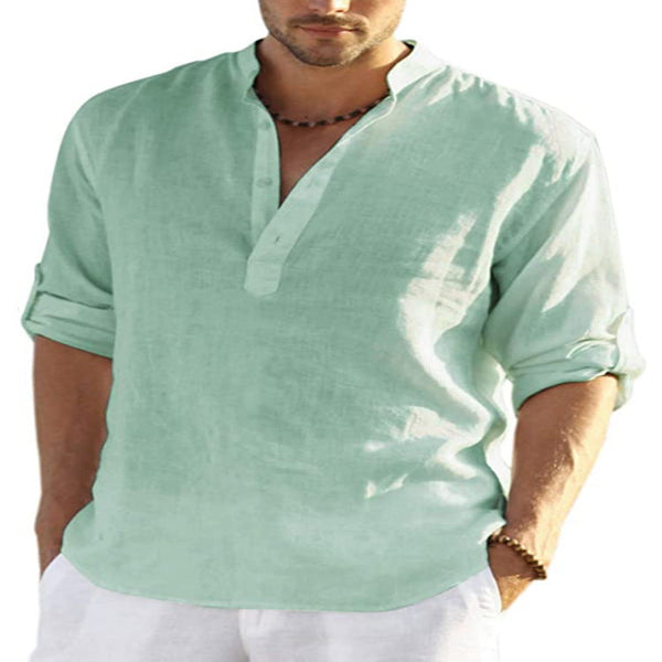 Men's Casual Cotton Linen Solid Color Long Sleeve Shirt Loose Stand Collar Casual Shirts
