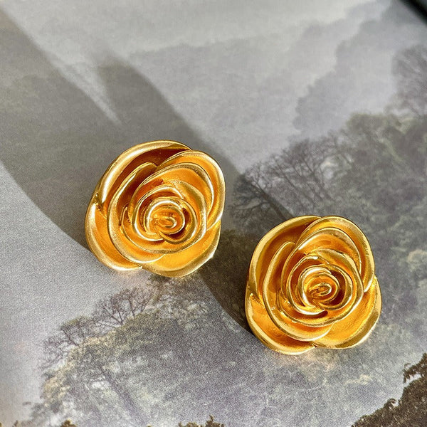 Veile Studios Retro Medal Gold Three Dimensional Rose For Everyday Wear Earrings