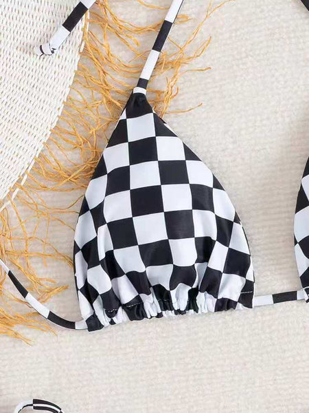 Lace Up Multi Color Checkered Split Swimsuit Women's Bikini Swimwear